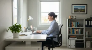 A wide view of a home office with a person working at a minimalist desk next to a large window providing bright daylight.