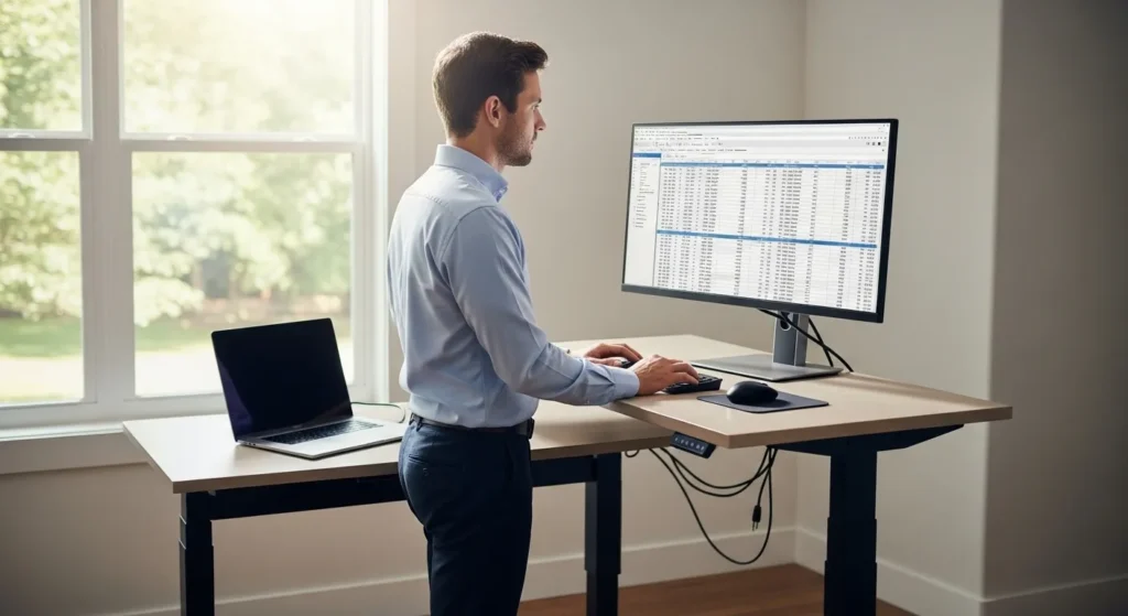 A professional works at a standing desk in a bright, modern home office with a large window.