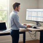 A professional works at a standing desk in a bright, modern home office with a large window.