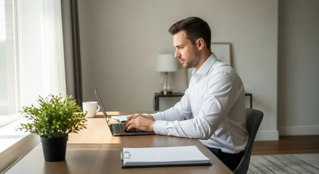 A person sits at a tidy wooden desk in a bright, modern home office, concentrating on their laptop screen.