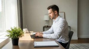 A person sits at a tidy wooden desk in a bright, modern home office, concentrating on their laptop screen.