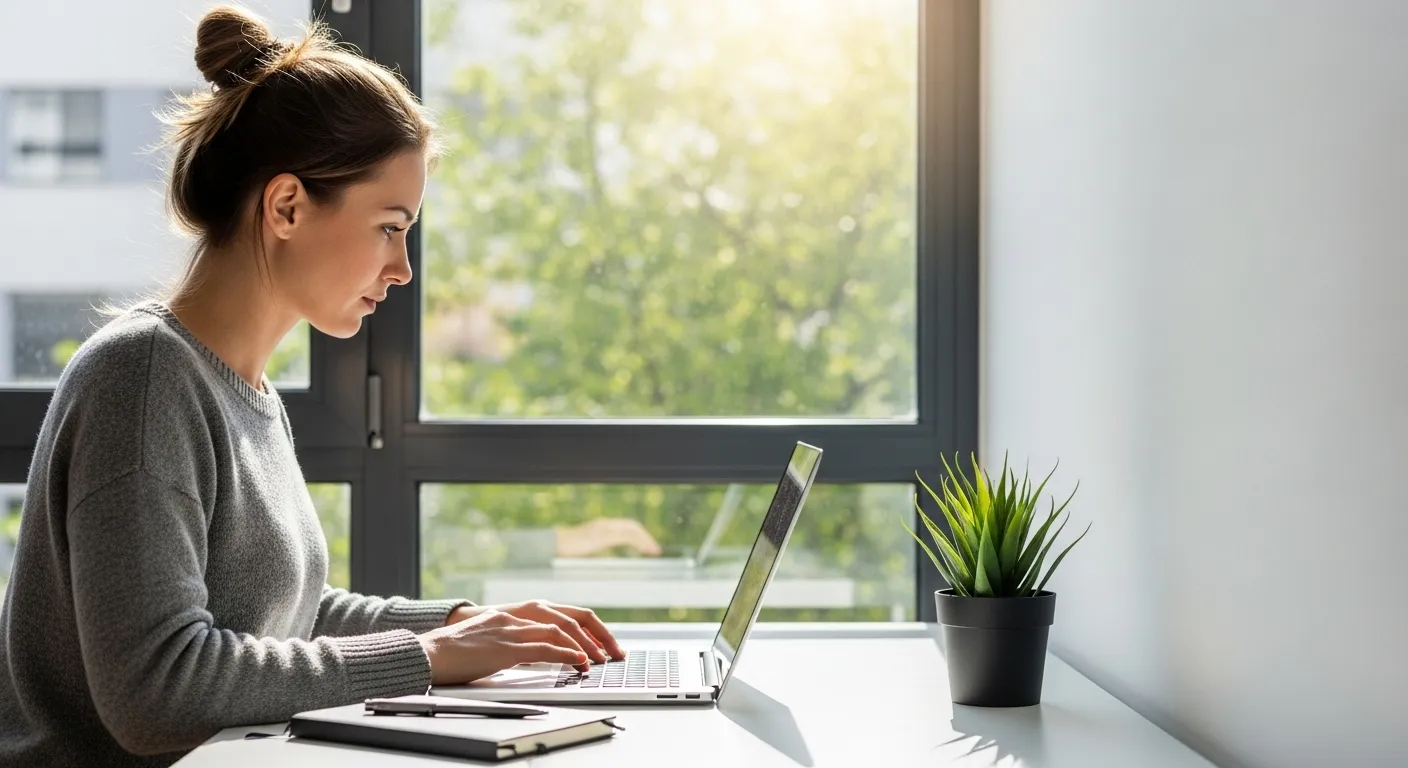 A woman in her 30s sits in profile at a tidy, modern desk by a window, focused on her work in a brightly sunlit home office.