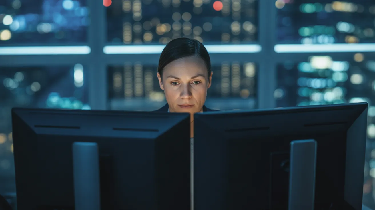A person in a sleek office at night, viewed from a low angle. They are focused on dual computer monitors, with neon city lights reflecting in the wind