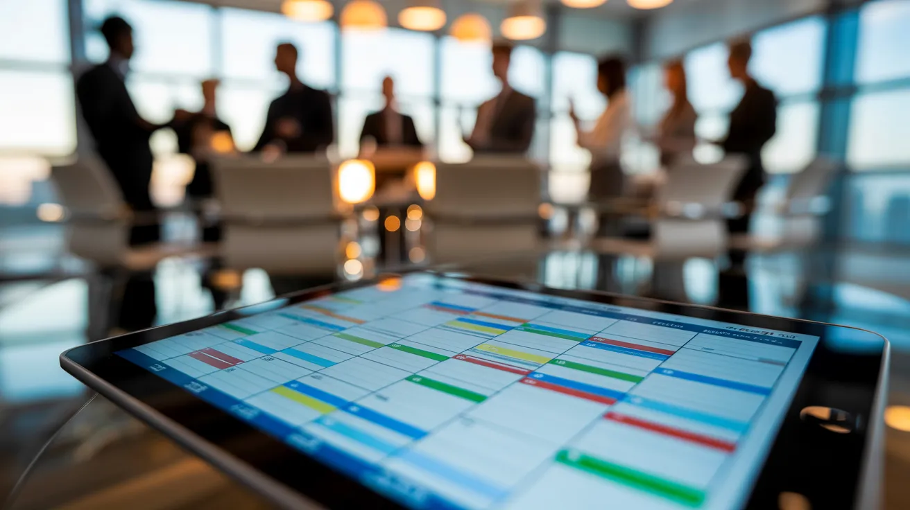 A close-up of a tablet with a busy, non-legible calendar. In the soft-focus background is a wide view of a meeting room with people during sunset.