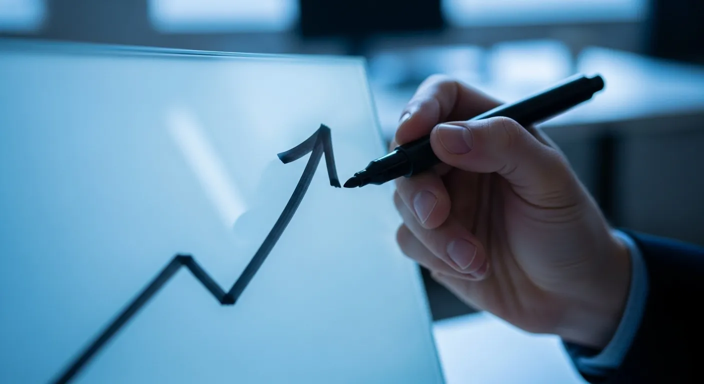 Close-up of a hand drawing an upward arrow on a glass board during twilight, symbolizing progress and a fresh start.