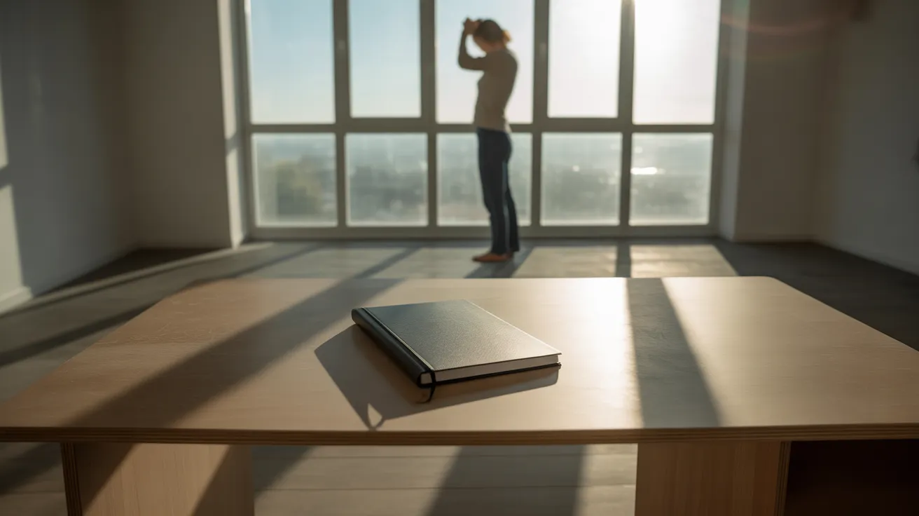 A wide view of a sunlit home office corner with a cleared desk. A person is stretching by the window in the harsh midday light.