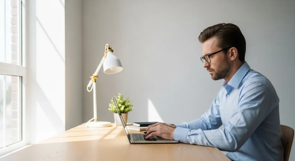 A person sits in profile at a clean, modern desk, focused on their laptop screen. The room is filled with soft, natural daylight.