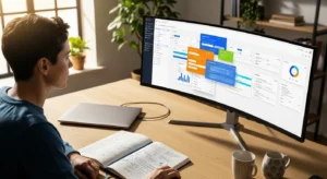 A person sits in profile at a tidy desk with a laptop, a large monitor showing a blurred UI, and an open notebook, illuminated by natural daylight.