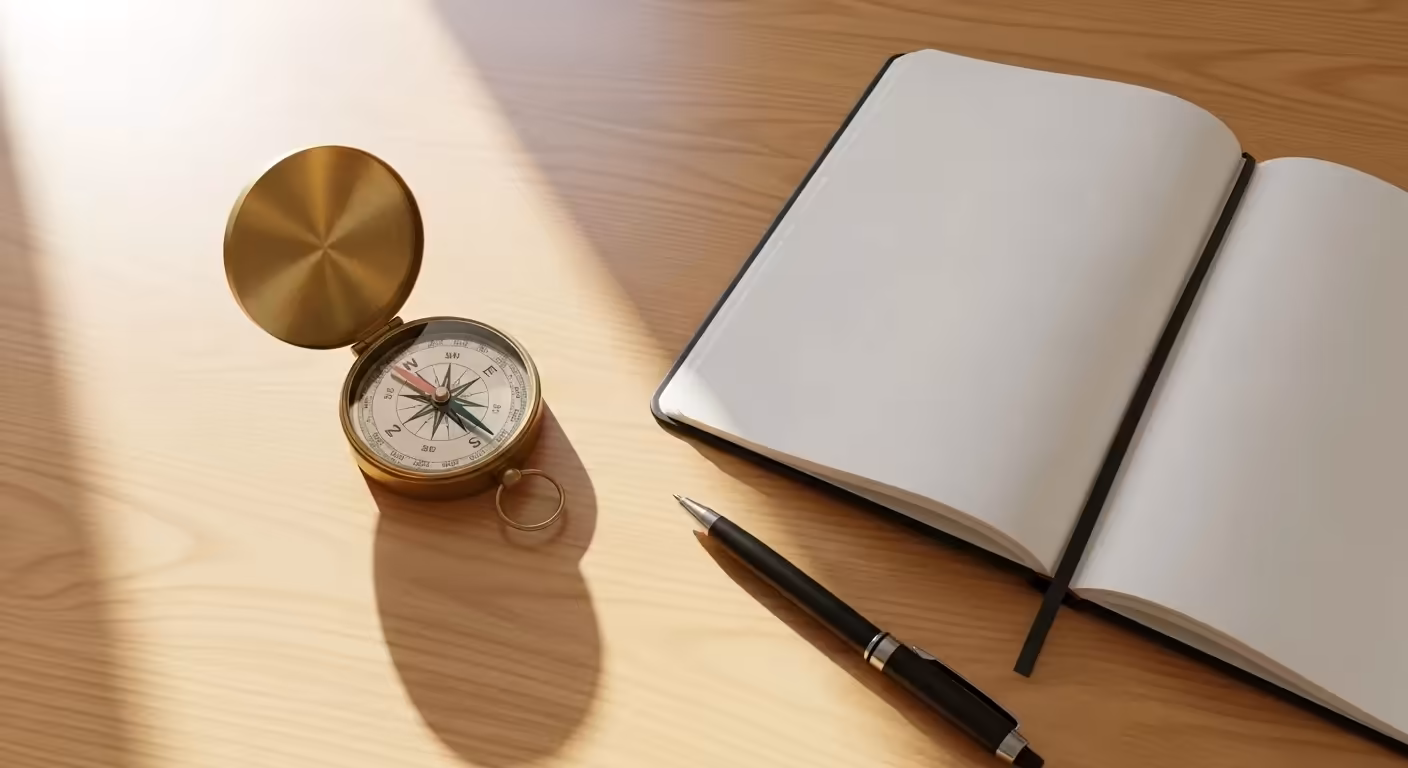 A top-down view of a compass, an open blank notebook, and a pen arranged on a wooden surface.