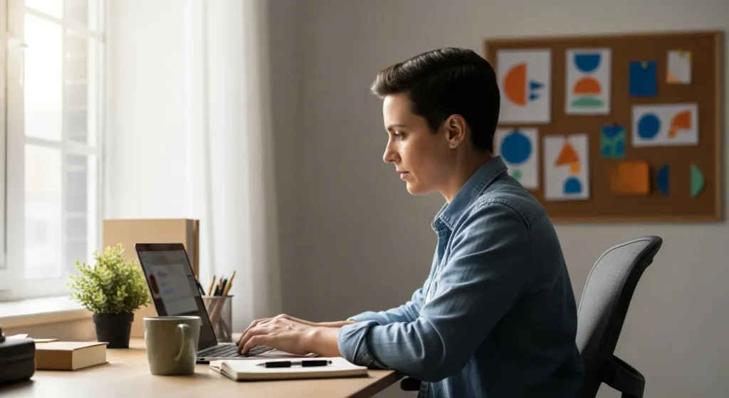 A person sits in profile at a tidy desk with a laptop, bathed in natural light from a window. An organized workspace promotes productivity.