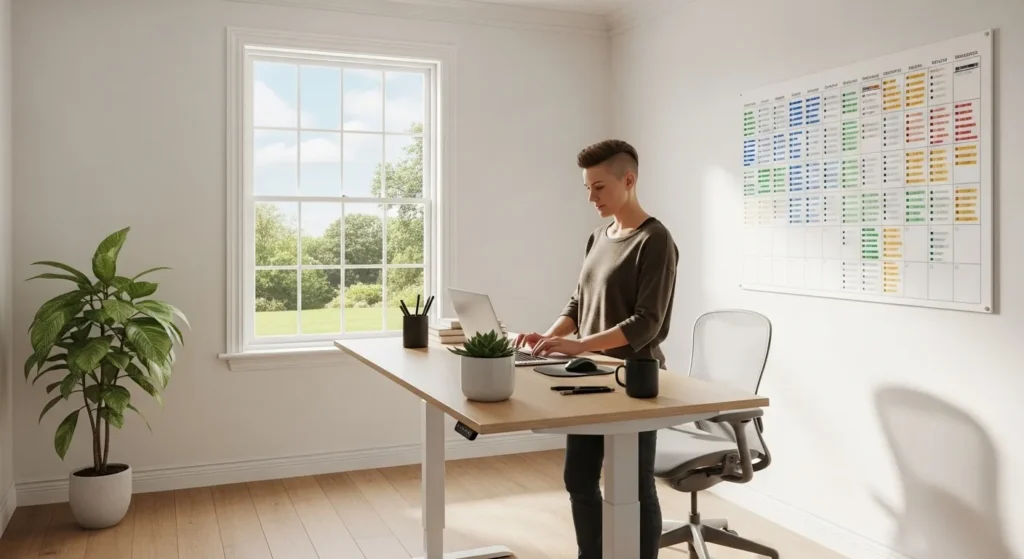 A person works at a standing desk in a sunlit home office with a large wall calendar visible in the background.