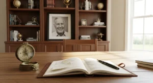 A sunlit home office with a compass and notebook on the desk. In the background, a framed photo of a smiling older person is on a bookshelf.