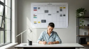 A person sits at a tidy desk with a laptop, focused on a small notebook. A large, blurred wall planner is visible in the background.