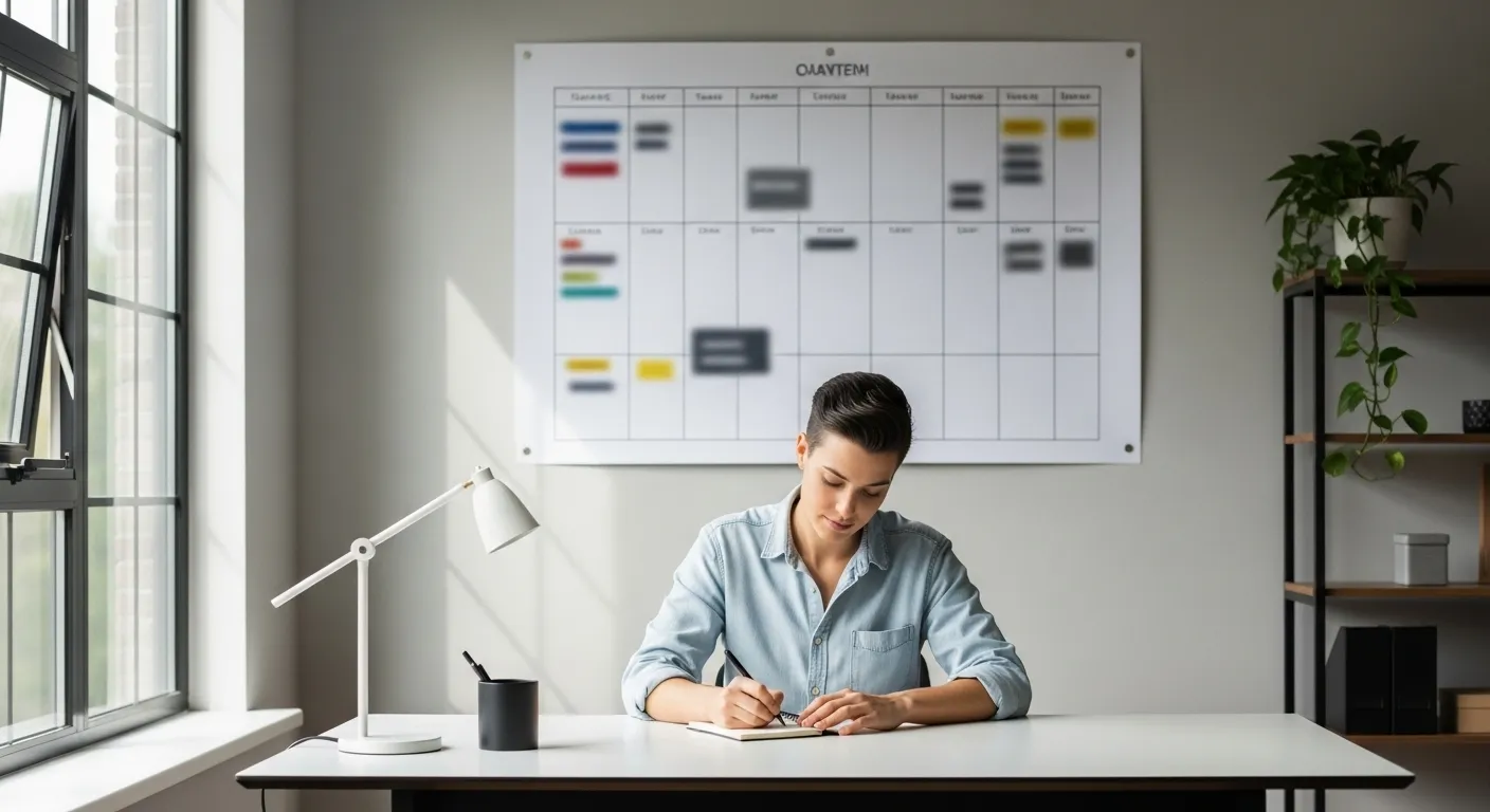 A person sits at a tidy desk with a laptop, focused on a small notebook. A large, blurred wall planner is visible in the background.