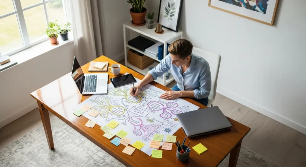 Wide overhead view of a person at a large desk organizing a project with a large diagram and sticky notes in a sunlit office.