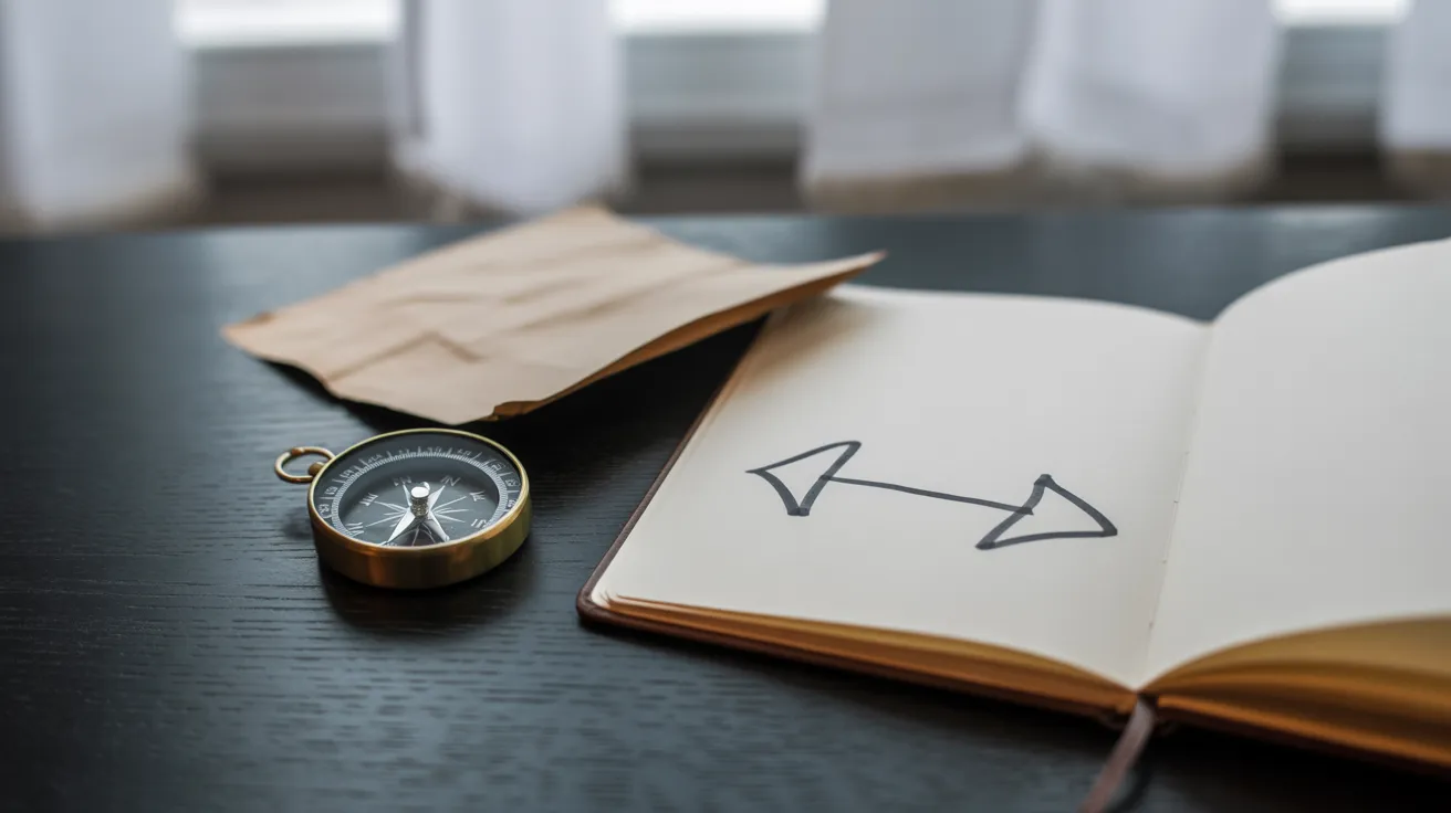 A compass, a crumpled paper, and a notebook with a new directional arrow on a wooden desk, symbolizing a change of plans.
