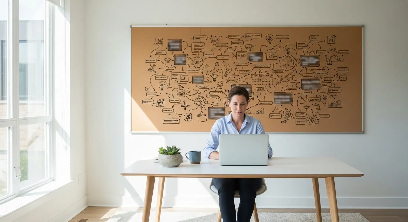 A professional works at a desk in a sunlit home office. A large corkboard on the wall behind them displays a non-legible, abstract roadmap plan.