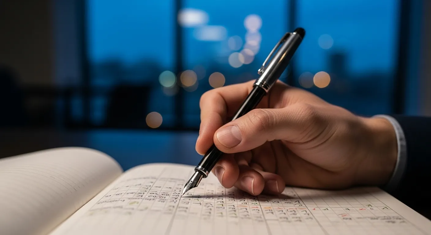 Close-up of a hand holding a pen over a habit tracker notebook in an office at dusk.