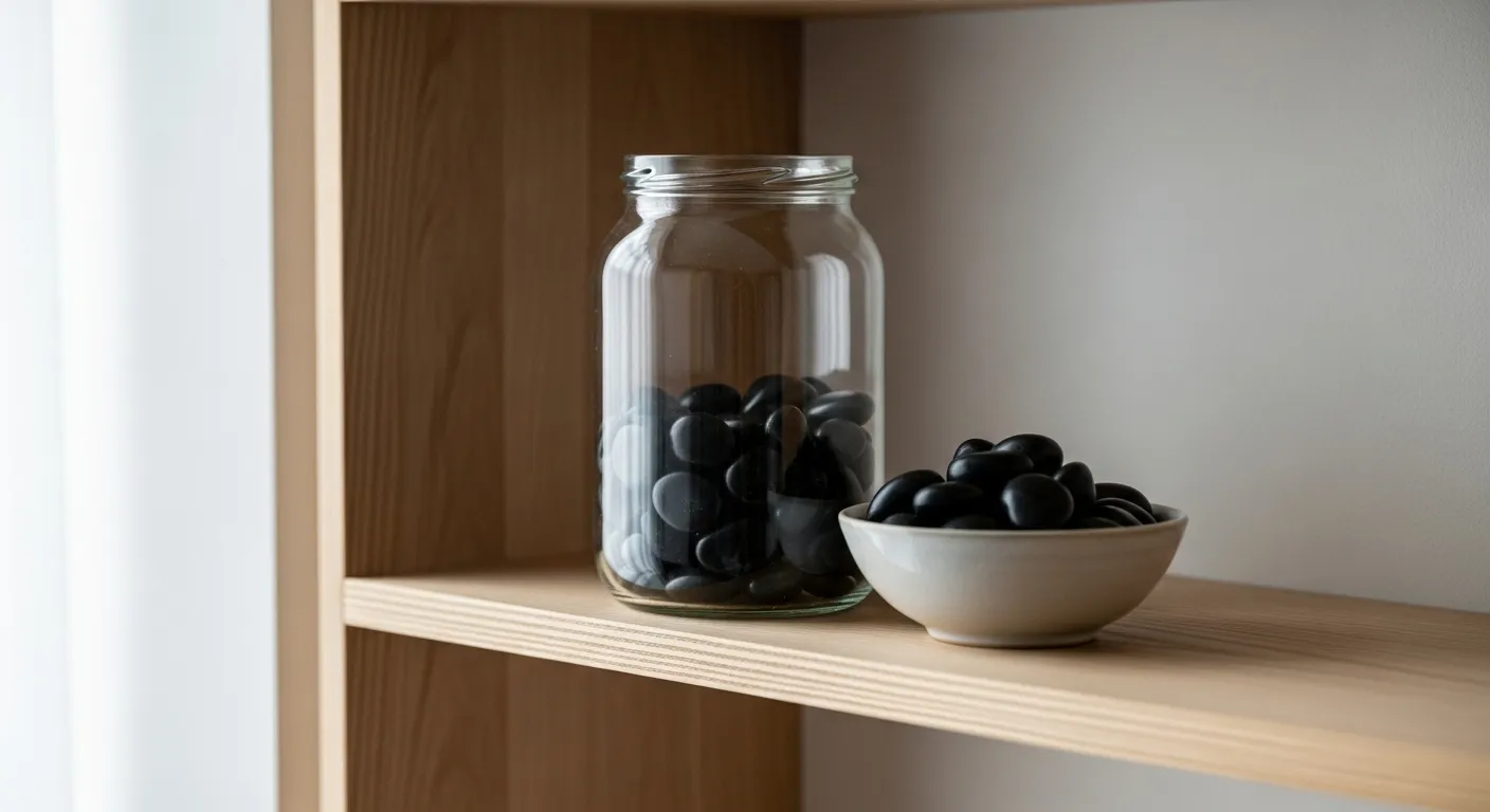 A clear glass jar containing dark pebbles sits next to a bowl of more pebbles on a wooden shelf, symbolizing the tracking of consistent habits.
