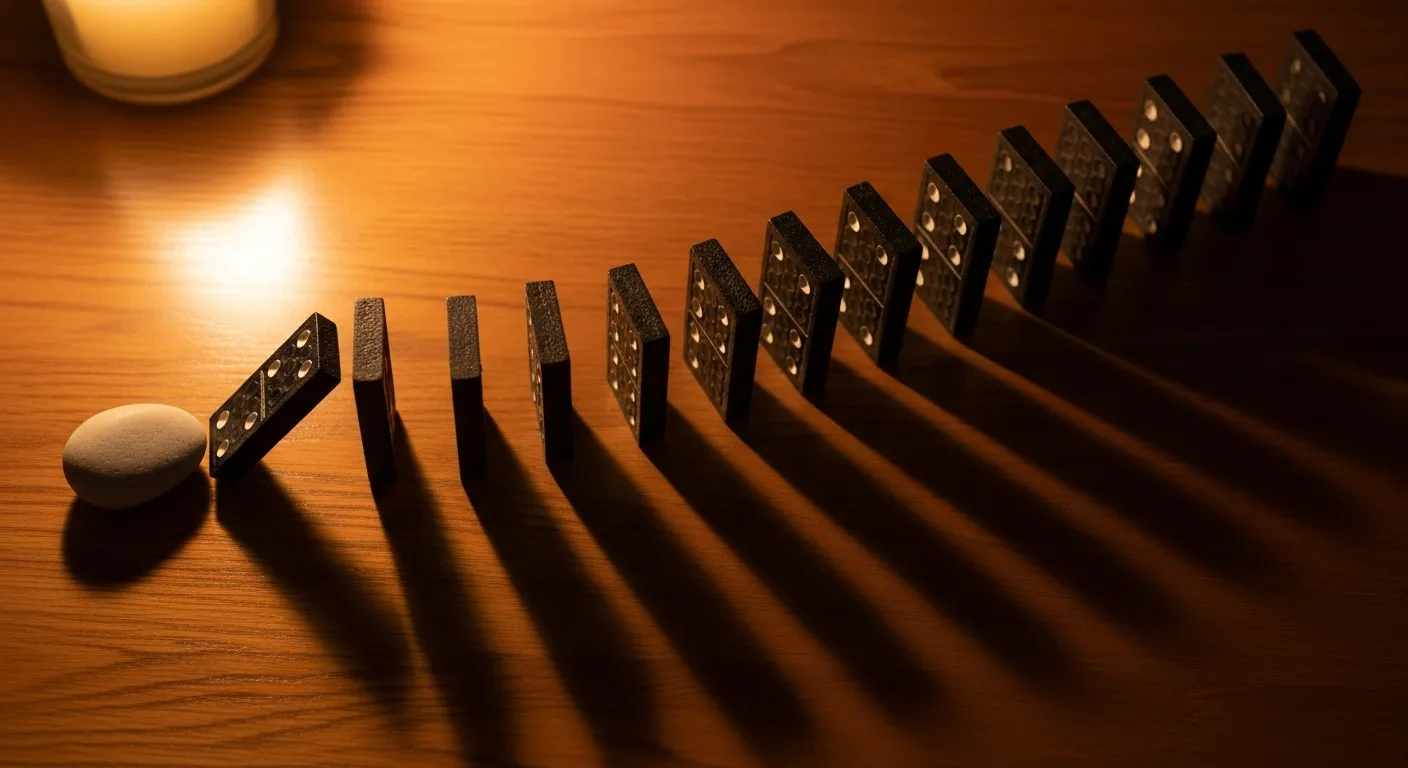 Overhead view of a line of dark dominoes on a wooden table, with a single stone ready to start a chain reaction, all lit by soft candlelight.