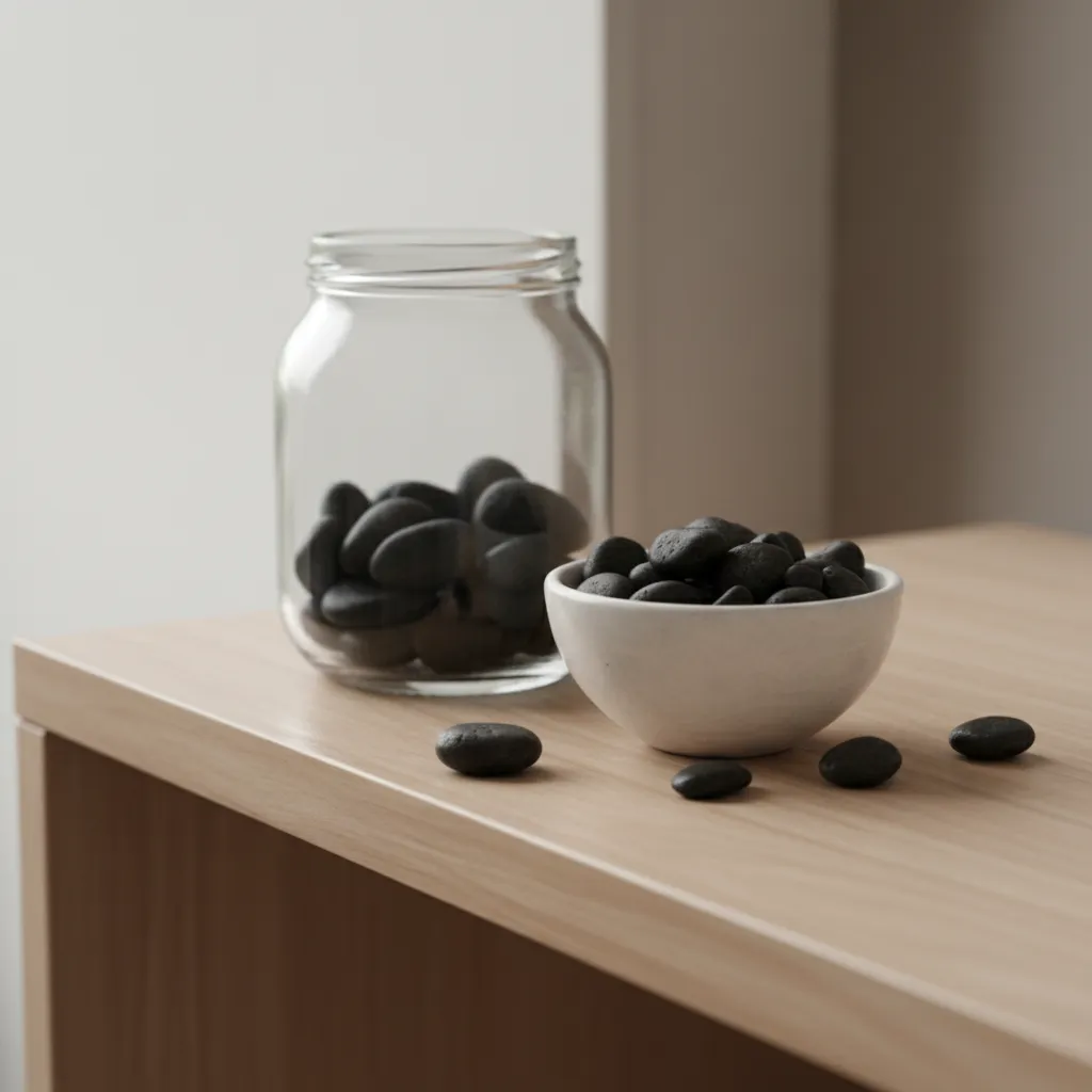 A glass jar used as a habit tracker, with a few pebbles inside, sits next to a bowl of more pebbles on a wooden shelf.
