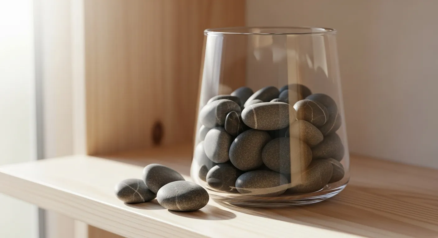 A glass jar used as a habit tracker, half-full of small stones, sits on a wooden shelf in the morning sun.