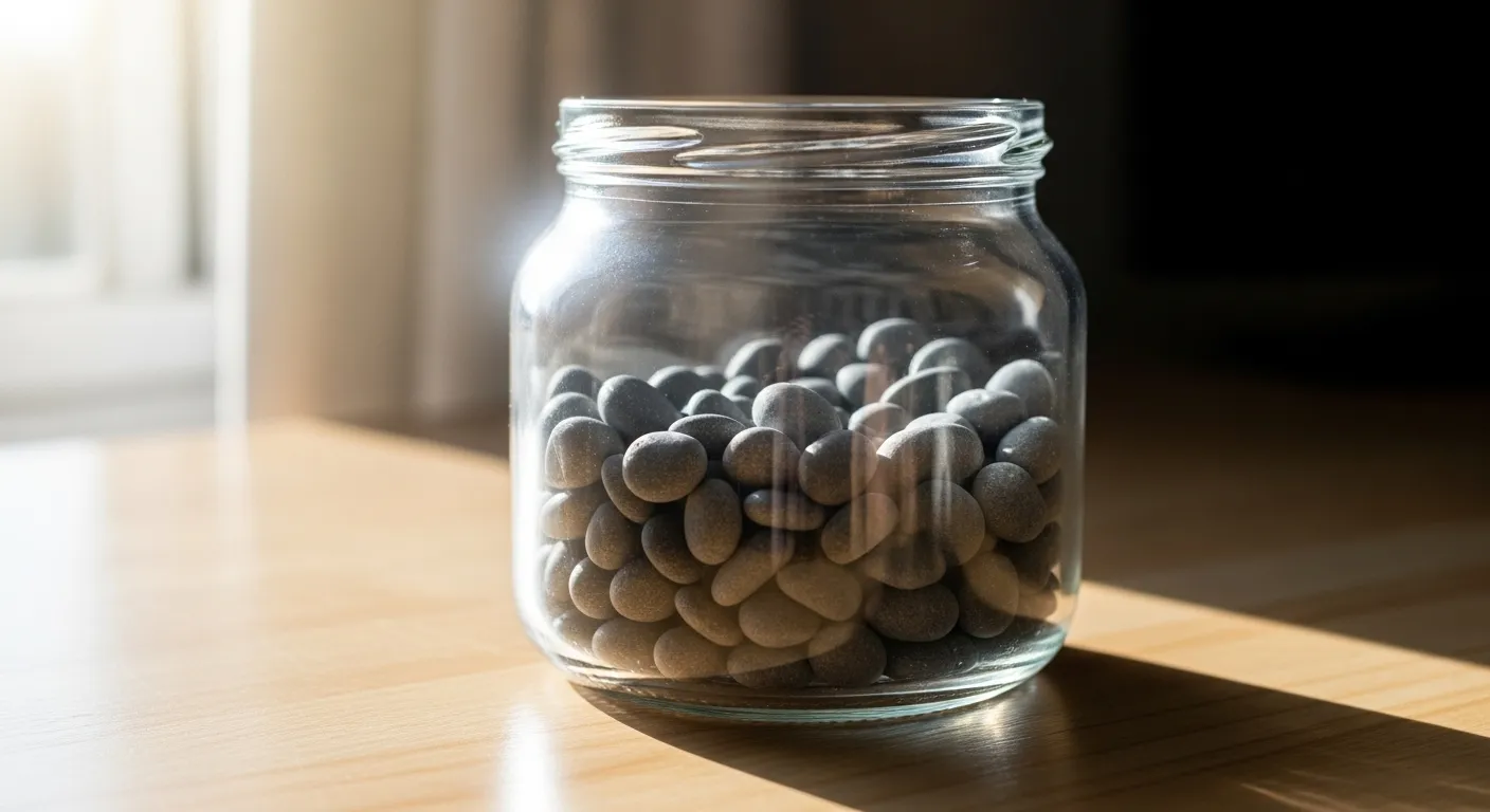 A clear glass jar containing many small gray pebbles, used as a habit tracker, sits on a wooden surface in the morning sun.