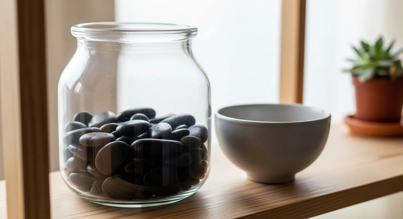 A glass jar containing many small, dark pebbles sits on a wooden shelf, representing a visual habit tracker for consistency.