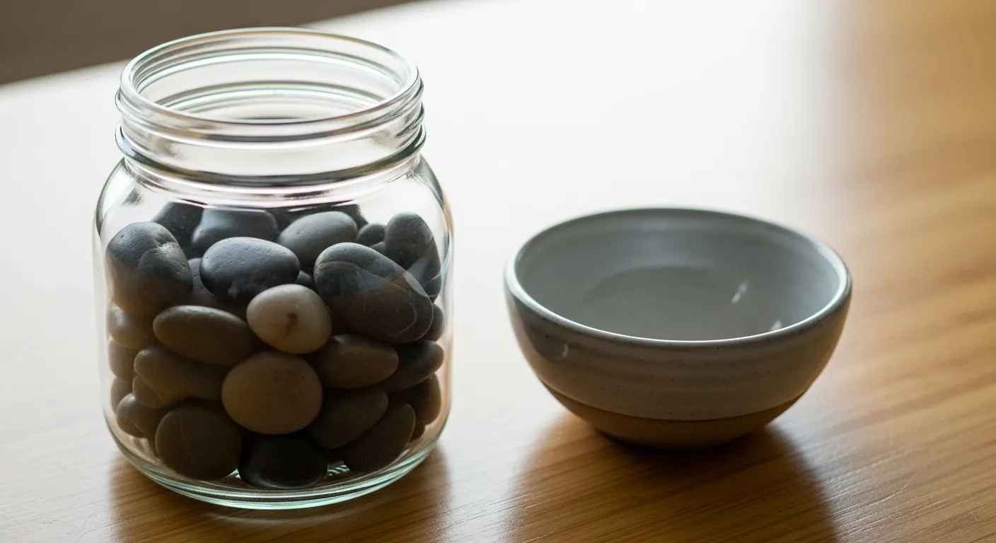 A glass jar on a wooden desk, partially filled with small dark stones, used as a visual method for tracking daily habits.