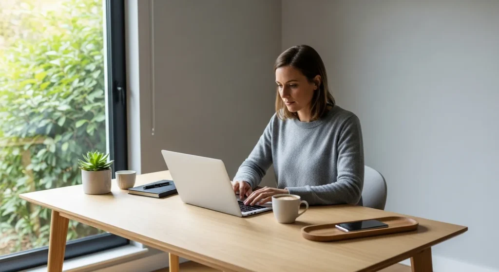 A woman works on a laptop at a tidy desk in a sunlit home office. Her phone is put away on a separate tray to avoid distractions.