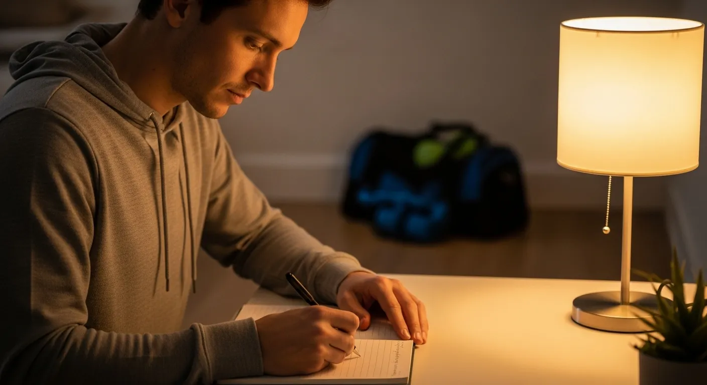 A person writing in a planner at a desk in the evening, with a packed gym bag visible in the background, suggesting preparation.