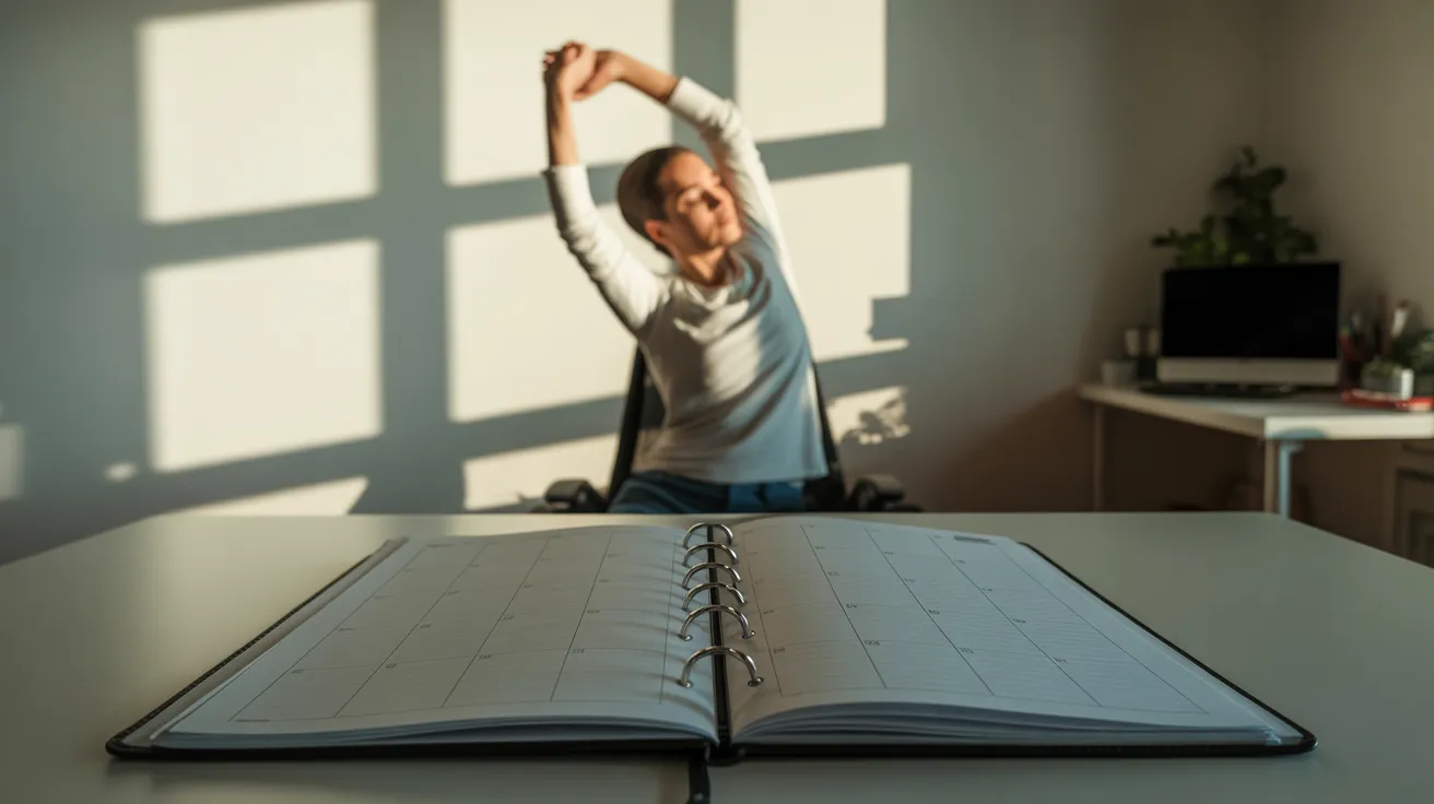 A person stands and stretches in a sunlit home office, with strong shadows on the floor. An open planner with a grid pattern sits on a nearby desk.