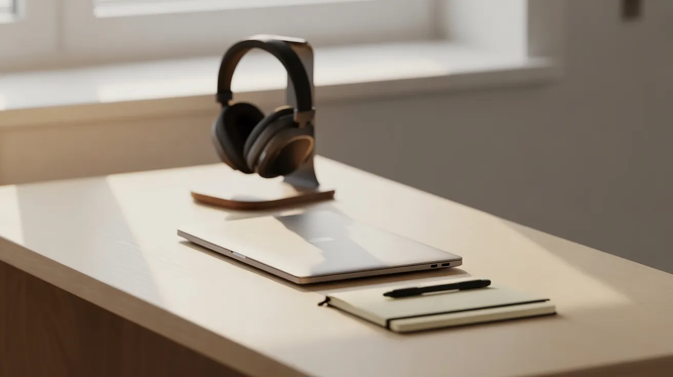 A clean, organized desk with a laptop, headphones, and a notebook, ready for a focused work session in the morning light.