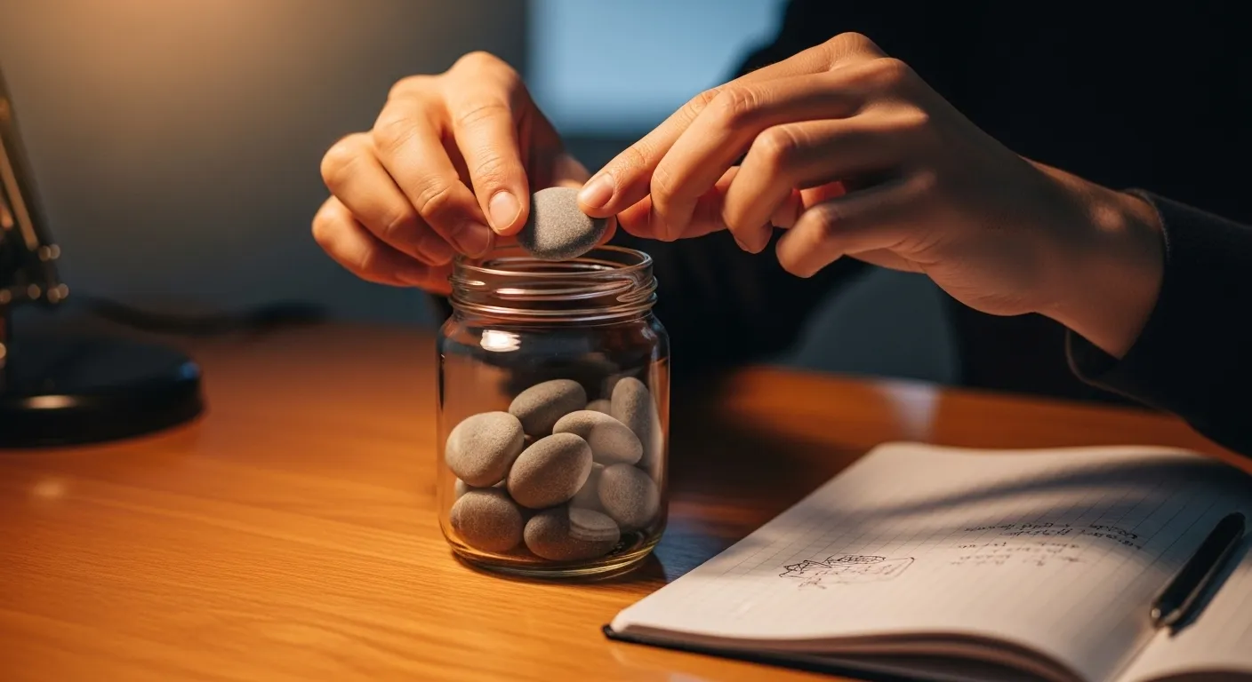 A close-up of a person adding a pebble to a glass jar, used as a habit tracker, on a desk with a notebook under warm lamplight.