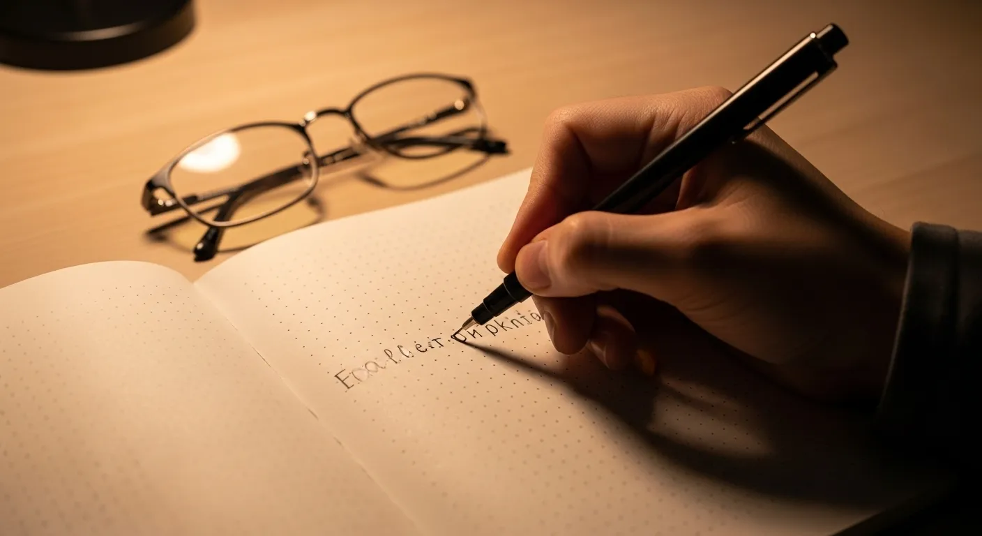 A close-up of a hand carefully writing in an open notebook under the warm glow of a desk lamp at night.