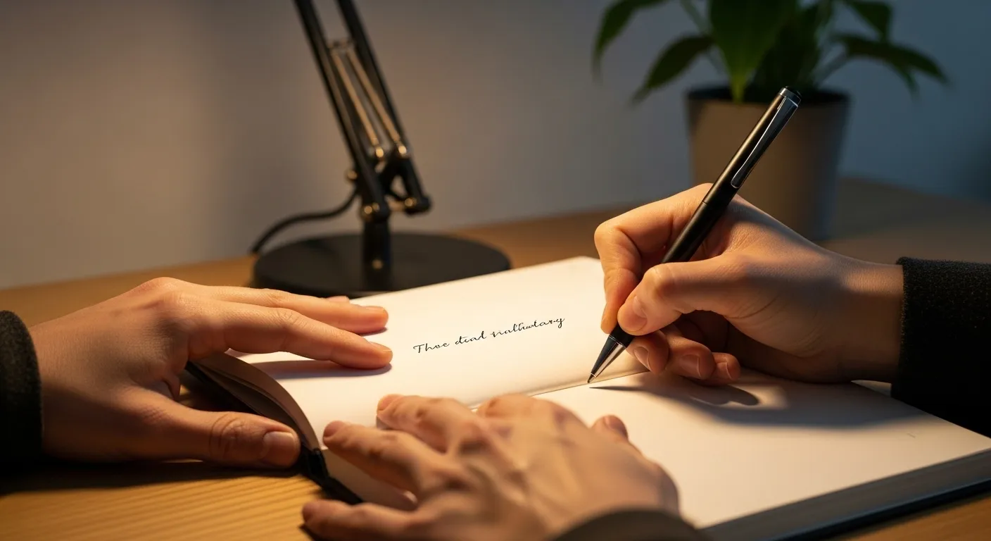 A person's hand guides a pen across a page in a journal on a desk under the warm glow of an evening lamp.