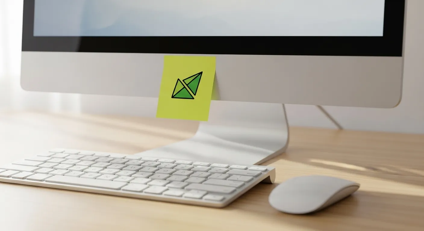 A single sticky note with a simple symbol on it is attached to a computer monitor on a clean desk, illustrating a focused learning approach.