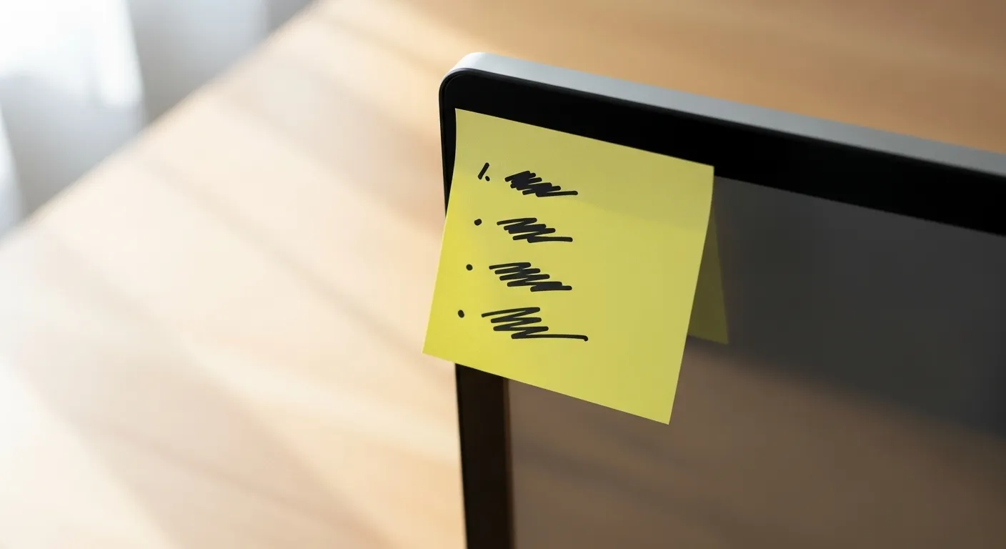 A close-up of a sticky note with unreadable markings on the edge of a dark computer monitor, used as a visual reminder.