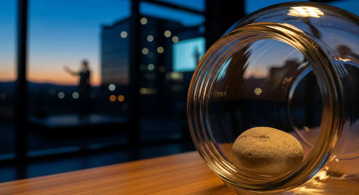 A close-up of a pebble in a glass habit-tracking jar on a desk during twilight, with a wide, soft-focus office in the background.