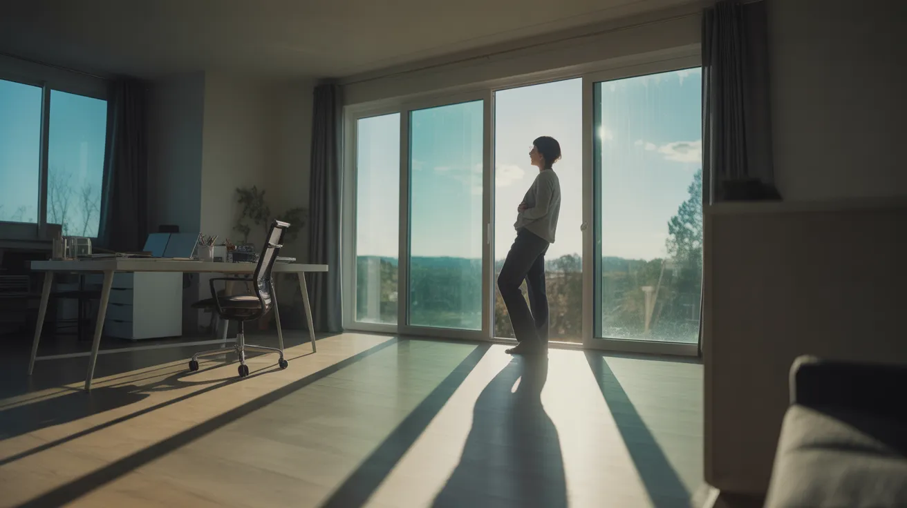An ultra-wide view of a home office with harsh midday light; a person stands looking out the window, taking a break from work.