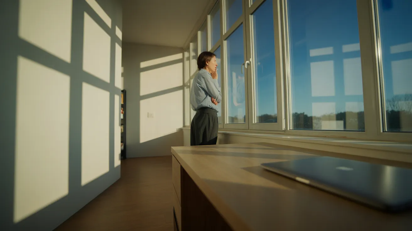 A person takes a mindful break, looking out the window of a bright, modern home office during the middle of the day.