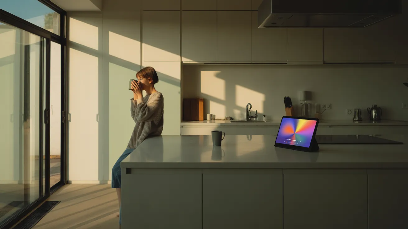 A person pauses with a coffee mug in a sunlit kitchen, an ultra-wide view showing a tablet on the counter and long shadows from the harsh sun.