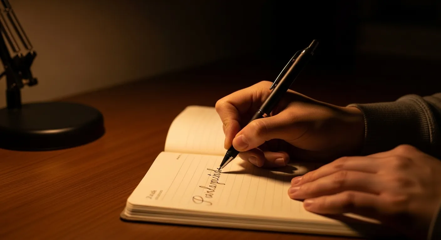Close-up of hands holding a pen and writing in a notebook on a clean desk under the warm light of a lamp at night.