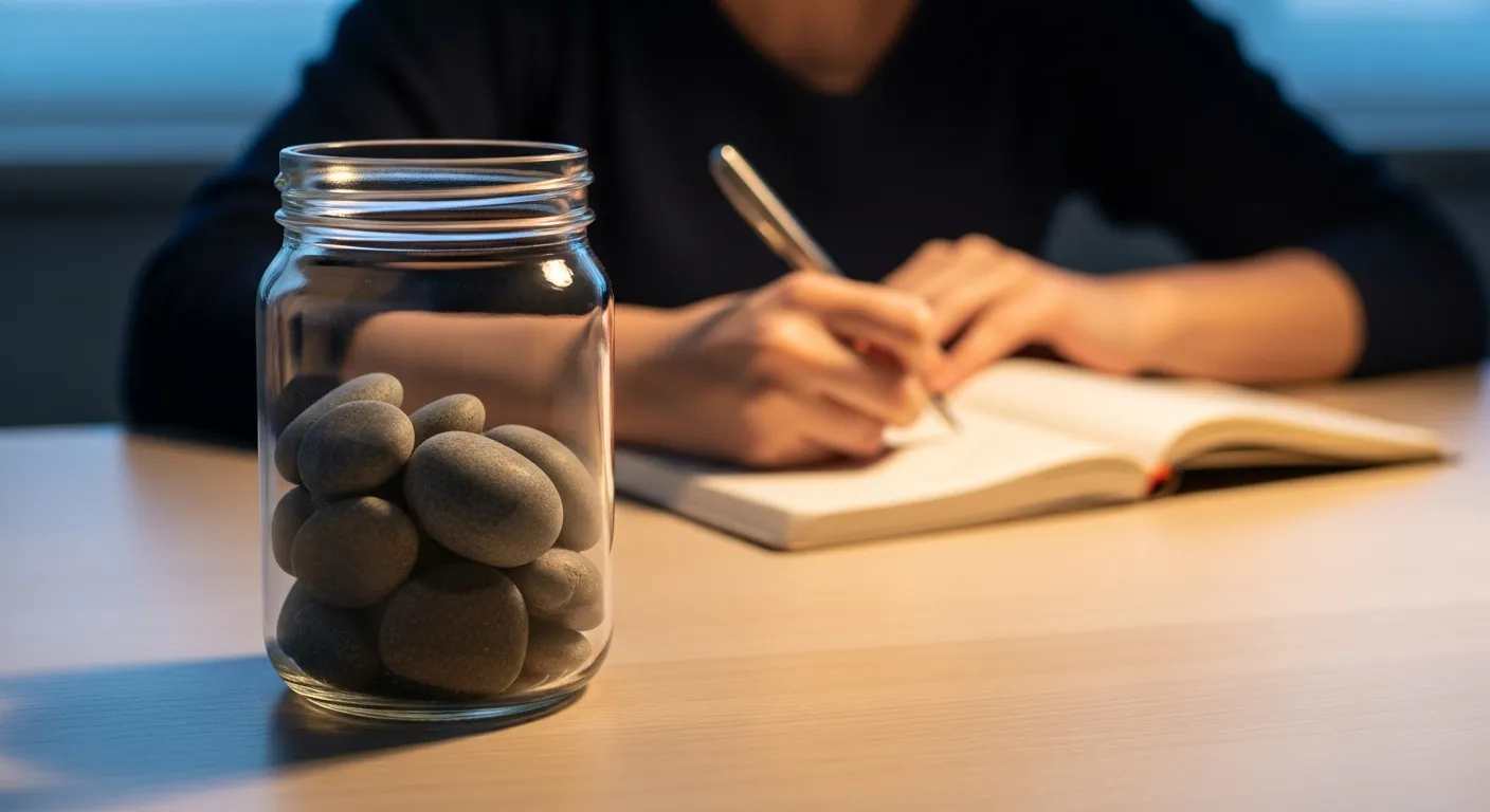 A glass jar containing pebbles, used as a habit tracker, sits on a desk under warm lamplight, with a person writing in the background.
