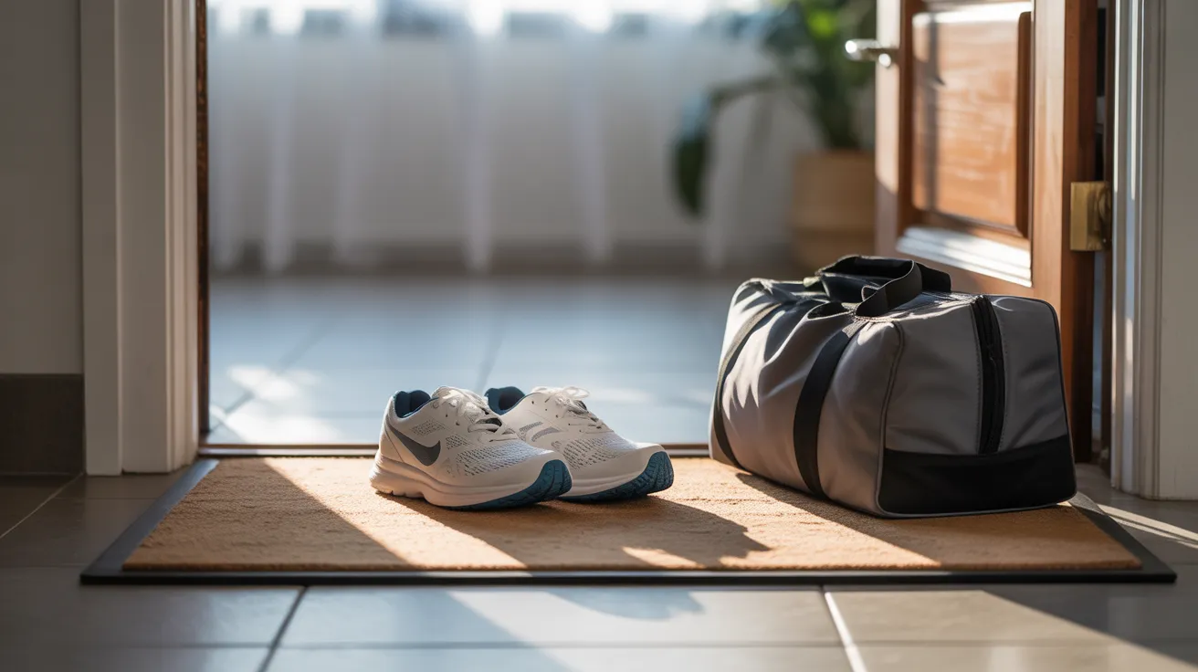 Running shoes and a gym bag sit ready by a front door in the morning light, symbolizing a prepared fitness habit.