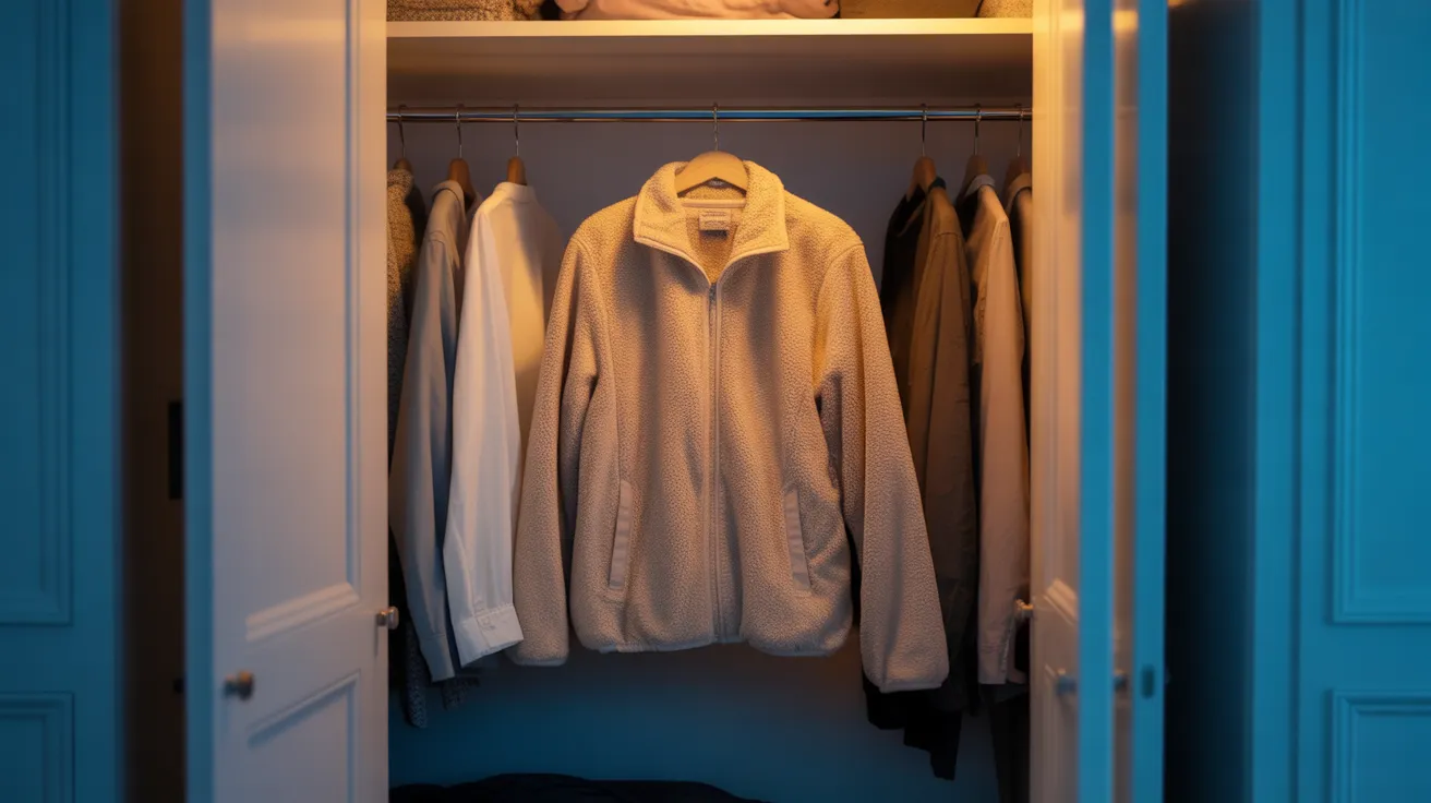 A neatly organized bedroom closet with a fleece jacket hanging in the center, illuminated by warm, soft light.