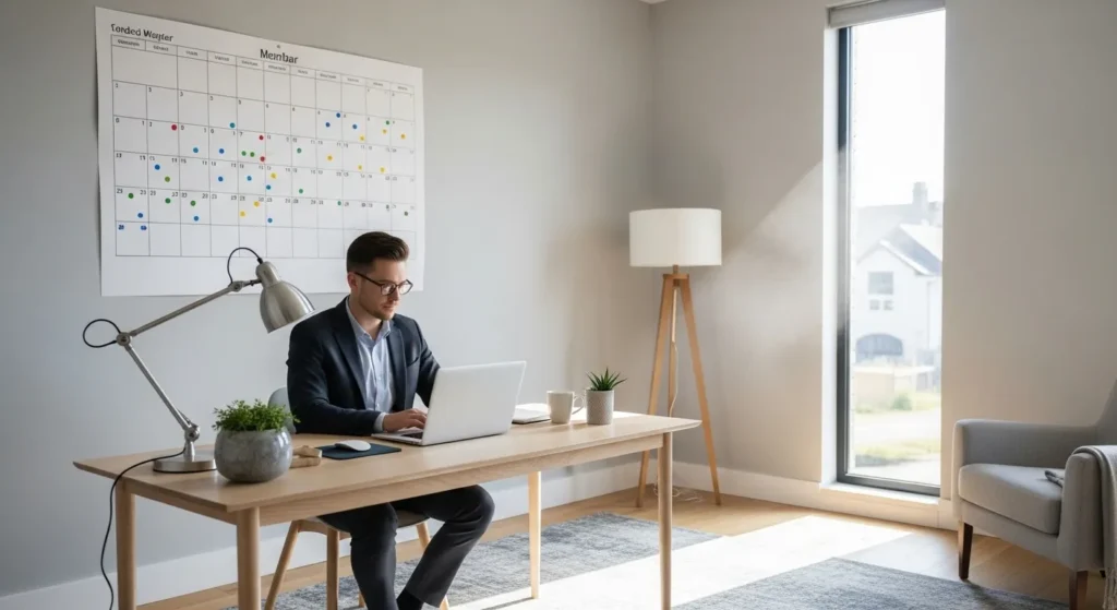 A professional works at a desk in a bright, modern home office. A large wall calendar with colored dots for habit tracking hangs on the wall.