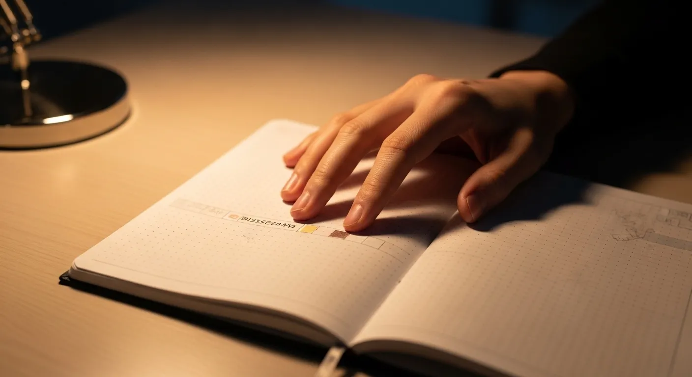 A close-up on a notebook habit tracker with a broken streak of filled squares. A person's hand is visible nearby under warm lamplight.