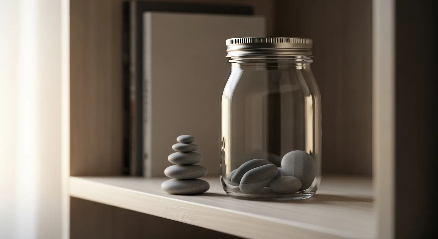 A clear glass jar holding three dark pebbles sits on a wooden shelf, with a small pile of more pebbles next to it.
