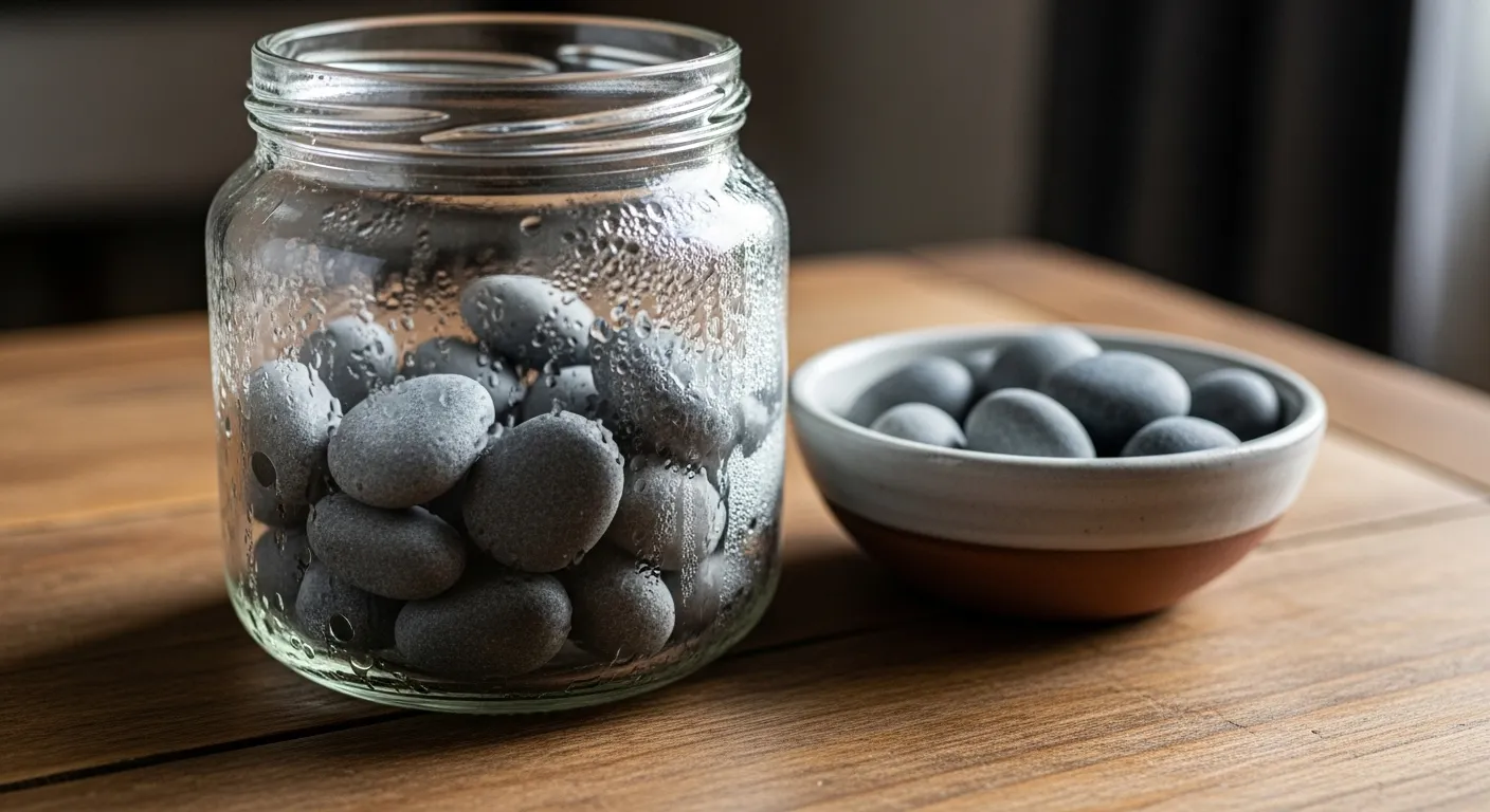 A close-up of a glass jar used as a habit tracker, containing many small pebbles, with more pebbles in a bowl ready to be added.